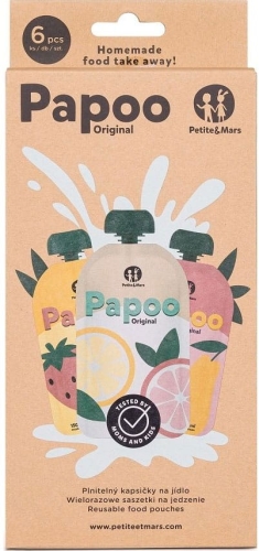 Petite&Mars Papoo Original - wielorazowe saszetki na jedzenie, 6szt | Owoce