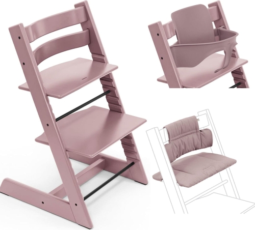 Stokke Tripp Trapp - krzesełko do karmienia z litego drewna dla dzieci i dorosłych + Baby Set + poduszka Classic Cushion | Heather Mauve