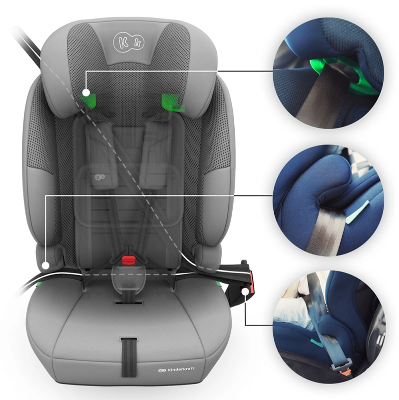 Kinderkraft szary fotelik do samochodu 3w1 wygodne zapinanie dziecka