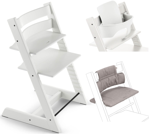Stokke Tripp Trapp - krzesełko do karmienia z litego drewna dla dzieci i dorosłych + Baby Set + poduszka Classic Cushion | Beech -  White