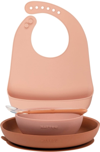 Nattou silikonowe naczynia dla dzieci, zestaw 4w1 ze śliniakiem | Pink