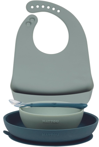 Nattou silikonowe naczynia dla dzieci, zestaw 4w1 ze śliniakiem | Green