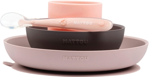 Nattou silikonowe naczynia dla dzieci, zestaw 4w1 z kubkiem | Pink