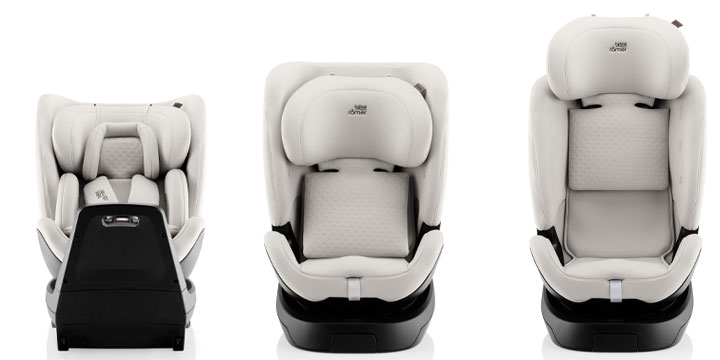 Mechanizm chowania pasów wewnętrznych w foteliku Britax-Romer umożliwiający przejście na 3-punktowy pas samochodowy dla starszych dzieci do 125 cm.